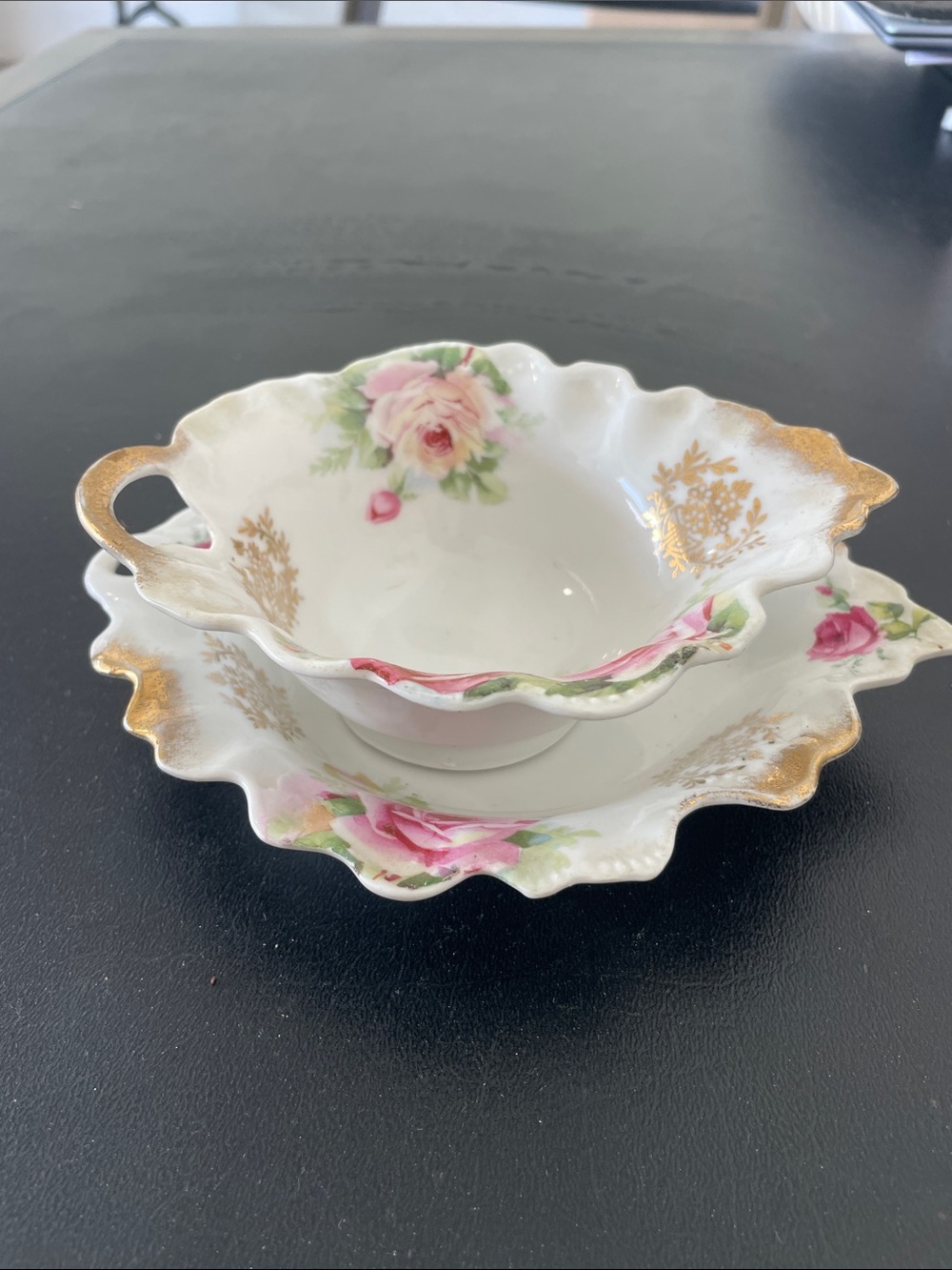Bavarian Pink Rose Handled Candy Dish Set